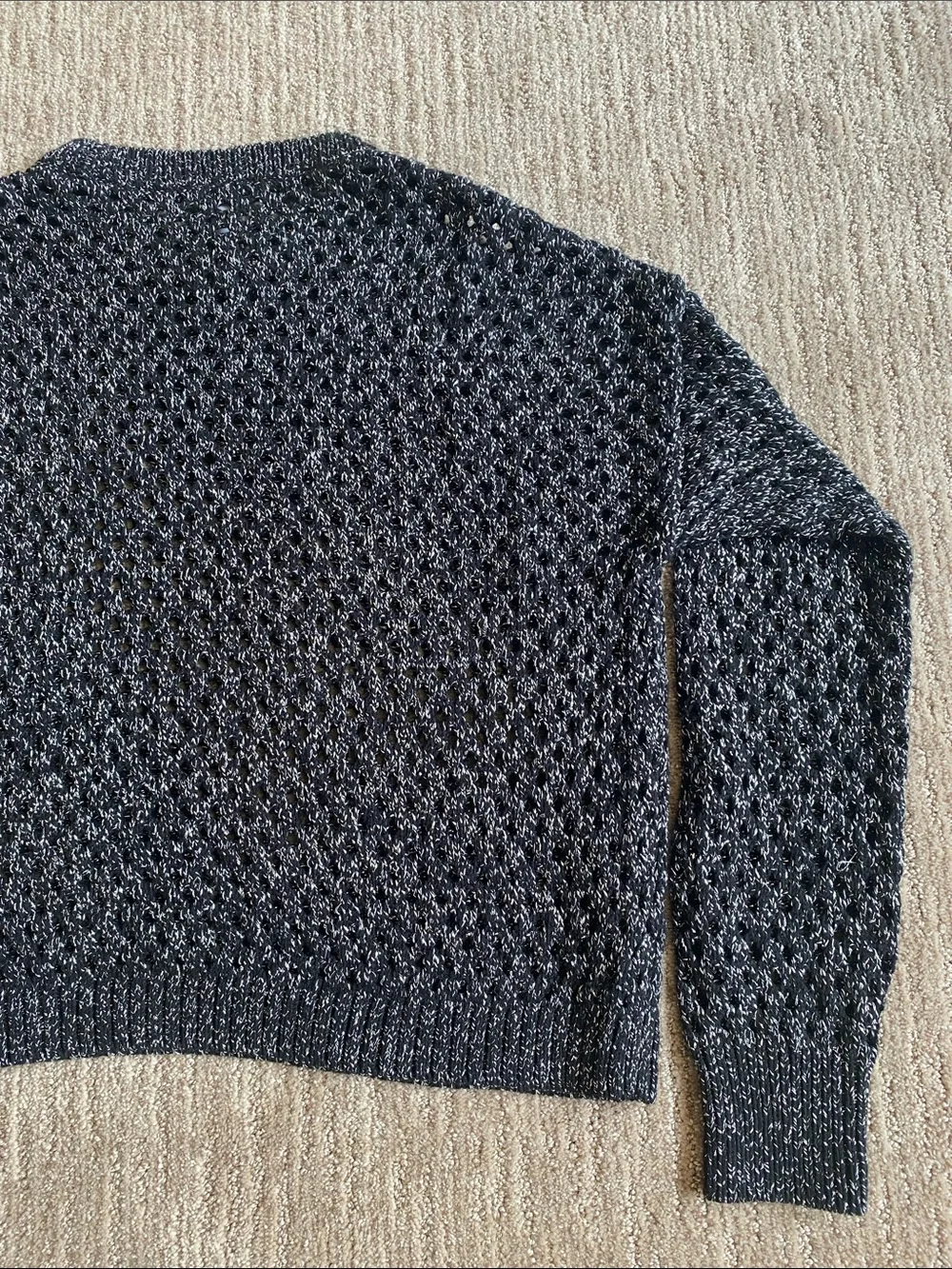 Bar III Metallic Silver and Black Crochet Crewneck Oversized Slouchy Sweater